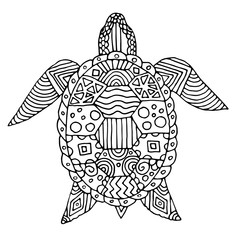 Hand drawn turtle,  isolated on white background. Good for antistress coloring page for adults and children, t-shirt design, decoration. Vector illustration. One of a series of painted pictures.