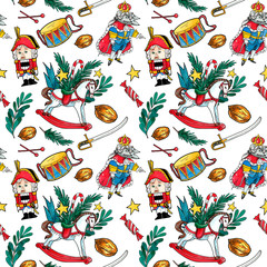 Seamless pattern of vintage toys. Fairy tale nutcracker.
