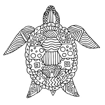 Hand drawn turtle,  isolated on white background. Good for antistress coloring page for adults and children, t-shirt design, decoration. Vector illustration. One of a series of painted pictures.