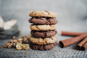 Homemade oatmeal cookies with cinnamon on white background . Healthy Food Snack Concept.