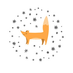 Fox and doodle snowflakes background. Winter background with cute animals. Scandinavian style. Vector illustration