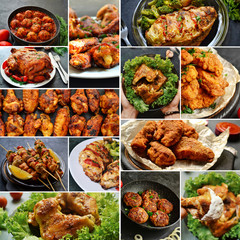 Collage of diverse food. Various tasty and healthy food. Meat chicken food.