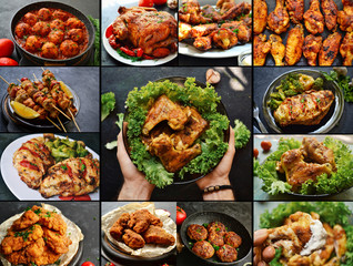 Collage of diverse food. Various tasty and healthy food. Meat chicken food.