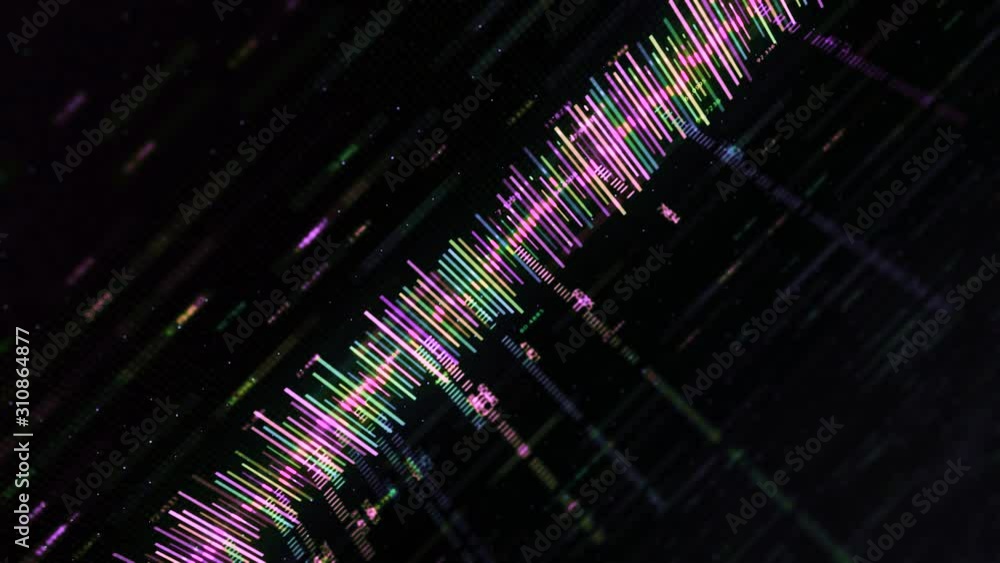 Poster Abstract colorful equalizer matrix-style on black background. Animation. Music track or business chart with colored strokes and numbers in style of computer matrix