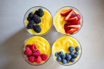Chia pudding and Mango smoothie with fruit topping