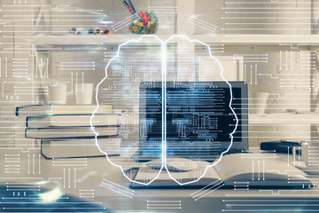 Double exposure of work table with computer and brain sketch hologram. Brainstorming concept.
