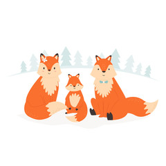 Funny fox family sitting in a forest. Vector illustration