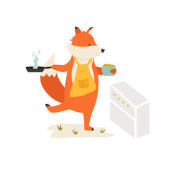 A Cute fox cooking breakfast. Vector illustration.
