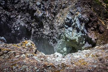 Fumaroles and vapors of sulfur and acid, close-up of  the crater 