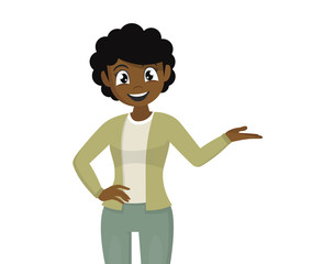 African Girl pointing hand to introduce something.  woman presenting hand to copy space.