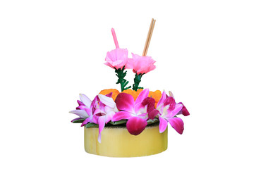 Krathong made from banana leaves and flower isolated on white background. Loi Krathong festival...