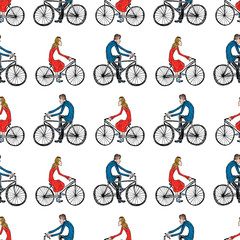 Seamless pattern of girls and guys sketches riding the bicycles