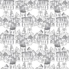 Seamless pattern of various drawn buildings on street old town