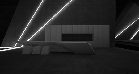 Abstract architectural concrete interior of a minimalist house with swimming pool and neon lighting. 3D illustration and rendering.