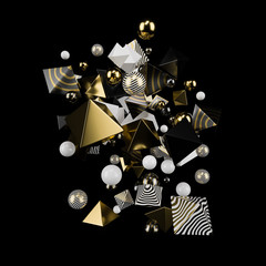 Garland of gold, white, and black glossy balls and prisms on a black matte background. Studio light. 3d illustration, render