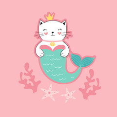 Cute princess kitty mermaid, a fantastic underwater world. Girlish print for t-shirts, postcards. Vector illustration for children.