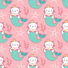 Cute princess kitty mermaid seamless pattern, fantasy underwater world. Girlish print for textiles, packaging, fabrics, wallpapers.