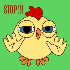 Emoticon with a friendly chicken who stands and shows with his hands a stop sign, color simple vector emoji