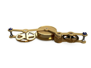 brass gear train with polished bridge, jewels and blued screws	