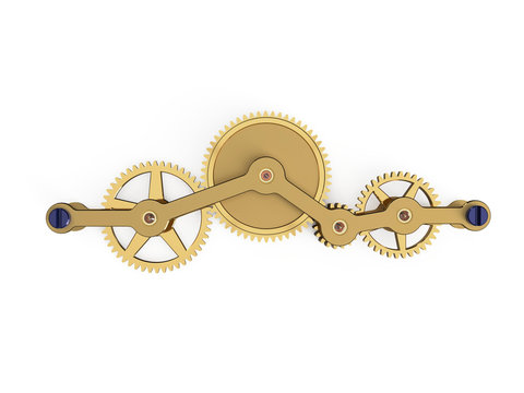 brass gear train with polished bridge, jewels and blued screws	