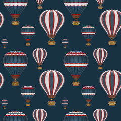 Seamless pattern with cute vintage balloons in blue, white and red colors. Stylized 3D illustration on navy blue background.