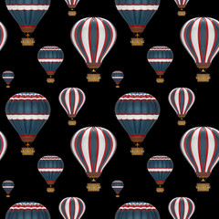 Seamless pattern with cute vintage balloons in blue, white and red colors. Stylized 3D illustration on a black background.