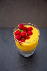 Chia pudding and Mango smoothie with raspberry topping