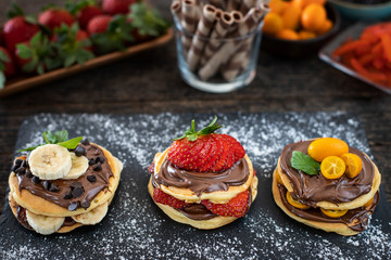 Pancakes with banana, strawberry and chocolate for shrove tuesday