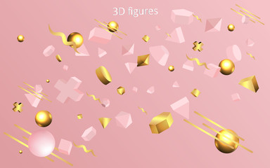 3D pink primitives with golden metallic figures , realistic vector illustration.