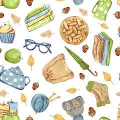 Watercolor cozy elements pattern. Seamless pattern with watercolor home elements on white background. Hand drawn scandinavian winter style illustration. Perfect for wrapping paper, invitation, textile