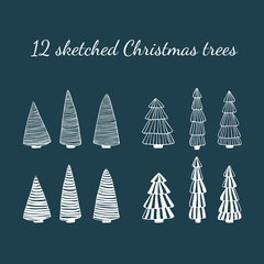 Fir tree line drawing set. Hand drawn Christmas trees collection isolated on white.