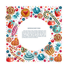 Watercolor frame with cookies, lollipops, confectionery and decor elements with space for text. Bright cartoon concept for invitations, posters, greeting cards and other designs.