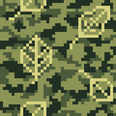Military camouflage. Seamless pixel pattern with leaves.Woodland digital style.Vector illustration. Old games. 8 bit.