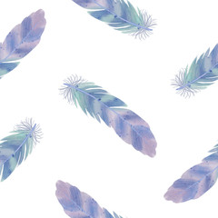 Seamless pattern of watercolor blue feather for your greeting card ot fabric print