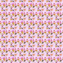 ice cream cupcake muffin strawberry cherry sweets baking seamless, pattern watercolor drawing