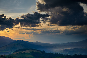 Sunset in carpathian mountains - beautiful summer landscape, spruces on hills, dark cloudy sky and bright sun light, meadow and wildflowers