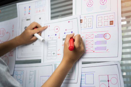 woman design engineer for ux architect template framework layout developer project mobile application on wall paper work in office with pen. Planning of development in program website interface ideas