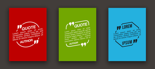Quote speech bubble blank templates set. Text in brackets on flat paper, citation frames, quote bubbles. Textbox isolated on color background. Modern typography flat design cloud. Vector illustration.