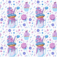 Sweets and yummies hand drawn seamless pattern. Cakes, cupcakes, lollipops and candy canes color drawing. Sweet-stuff, confection texture. Textile, wallpaper, wrapping paper design