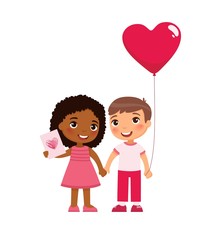 Little boyfriend and girlfriend celebrating Valentines Day flat vector illustrations. Young love. February 14 date isolated design element. Cute multicultural boy and girl holding hands 