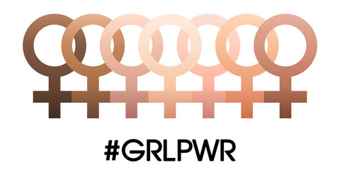 Girl Power Feminism quote hashtag different ethnic female symbols. Women empowerment movement. Gender LGBT icons vector isolated white background. Signs color gradient. Venus symbol for social media