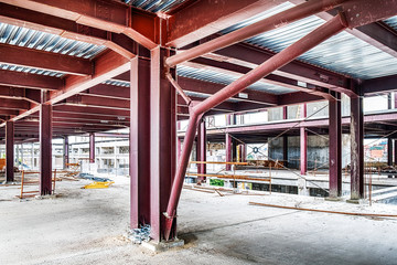 Steel frame structure building construction site