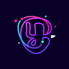 Lowercase y letter logo with planets, rocket and orbits lines.