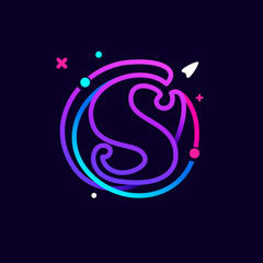 Lowercase s letter logo with planets, rocket and orbits lines.