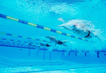 Underwater shot of four male athletes competing in swimming pool
