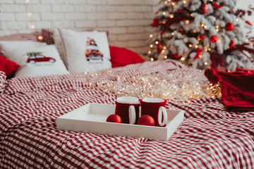 red and white boxes with present under christmas tree. Presents and Gifts under Christmas Tree, Winter Holiday Concept