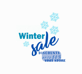 Fototapeta na wymiar Stylish vector icon seasonal sale - winter discounts. Shopping day, online shopping. Vector illustration flat design with snowflakes, sale up to 50% off - visit the store