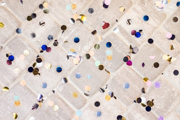 Colorful confetti on the ground, holiday, wedding, carnival concept.
