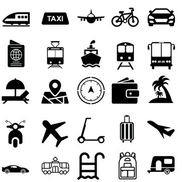 Travel vector icon set. tourism transportation illustration sign collection. Contains icons as airplane, booking, last minute deals, ecotourism, cultural tourism and more.