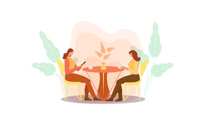 Girls are sitting at a table in a cafe drinking coffee. Women in a restaurant, friends communicate. Flat modern illustration. Vector